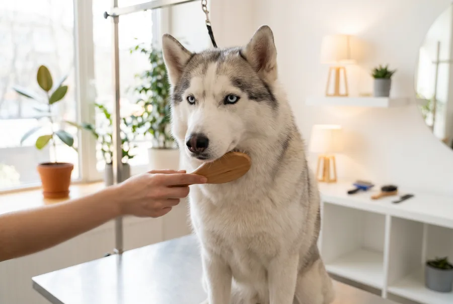 Estética y peluquería para mascotas, husky recién bañado